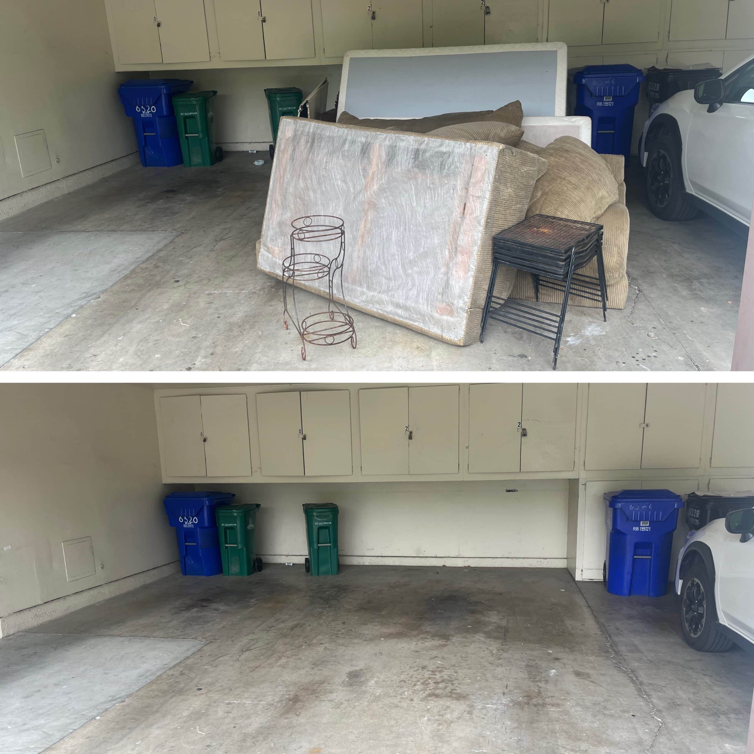 Garage before junk removal - mattress, sofa, furniture piled up